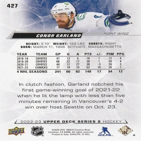 Conor Garland - 2022/2023 Upper Deck Series 2 Hockey Card - Picture 2 of 2